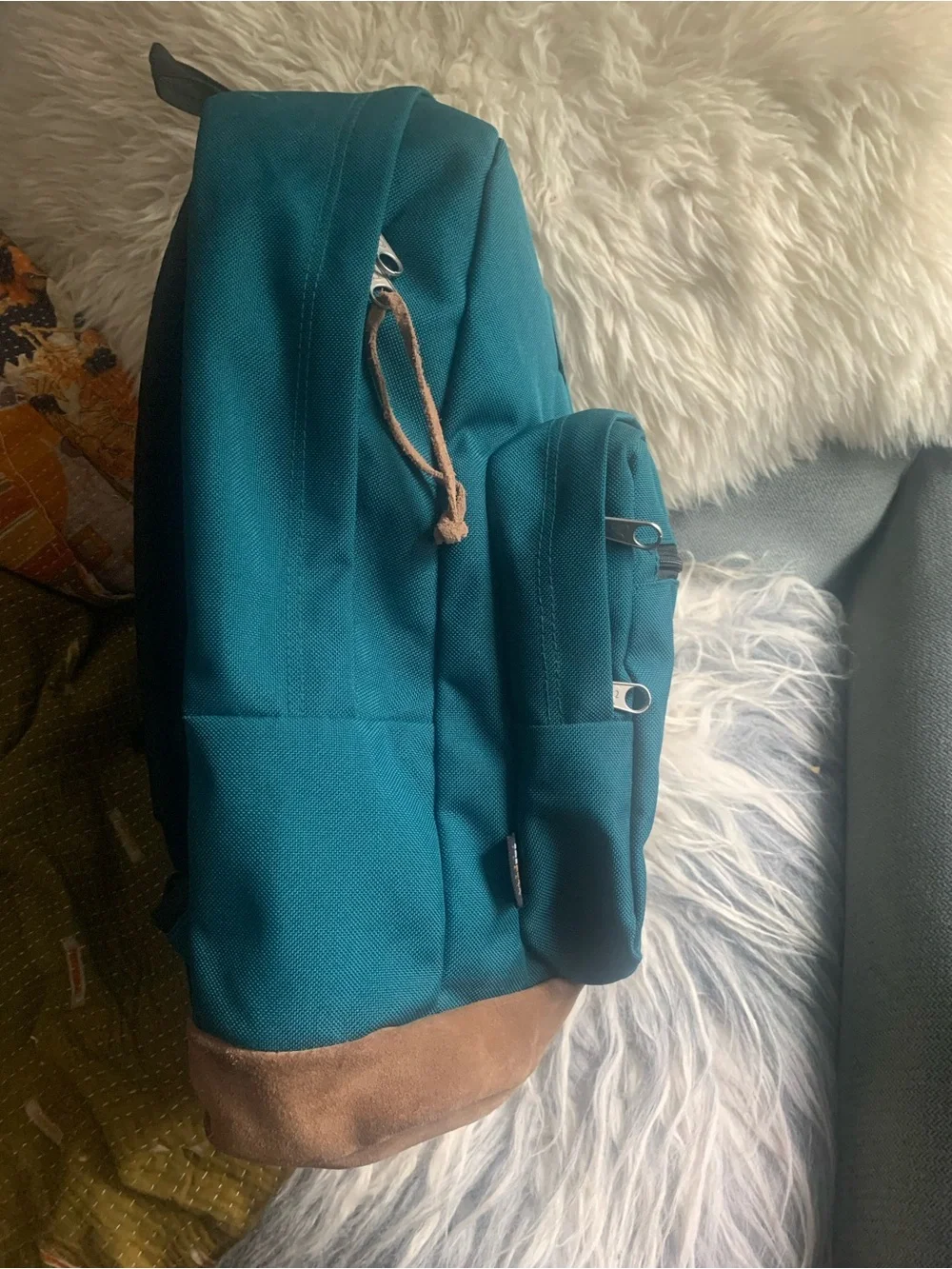 JanSport Teal Backpack with Brown Suede Base - Classic pack